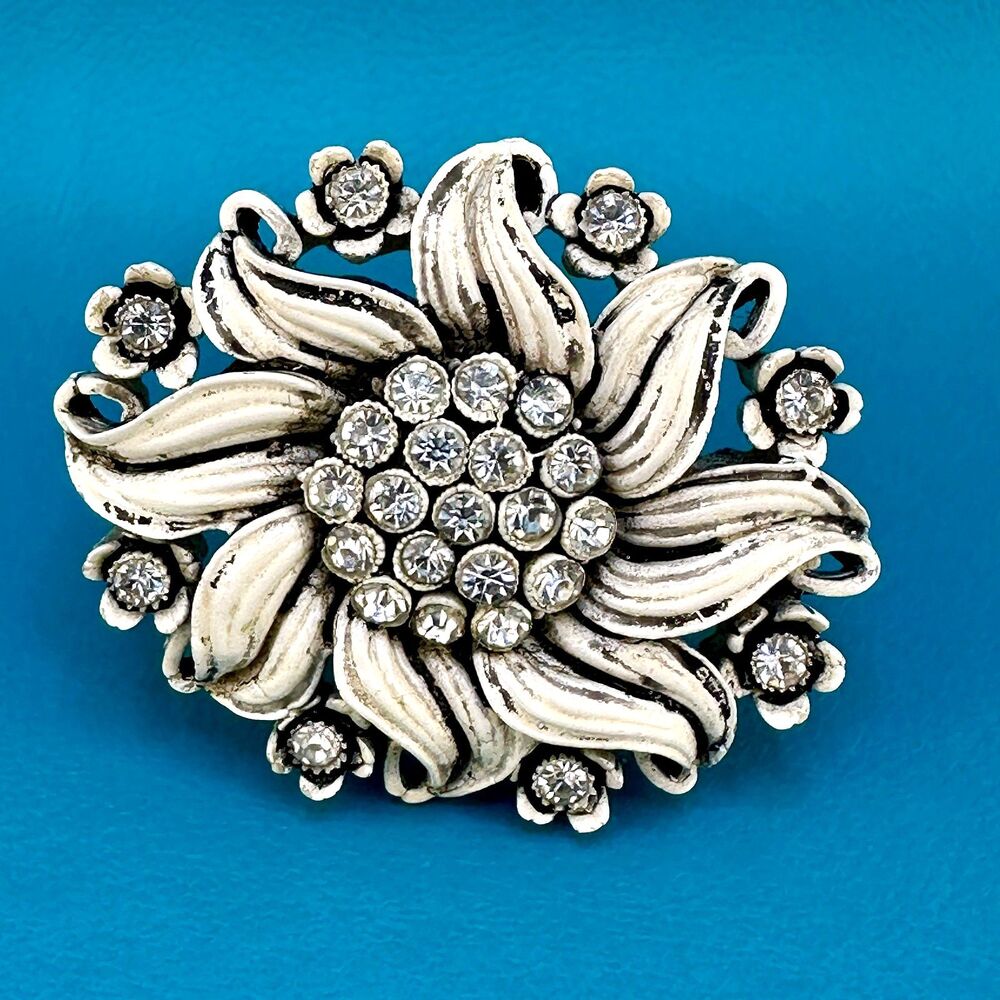 Vintage Celluloid Flower Brooch Clear Rhinestone White Black Carved Featherlight